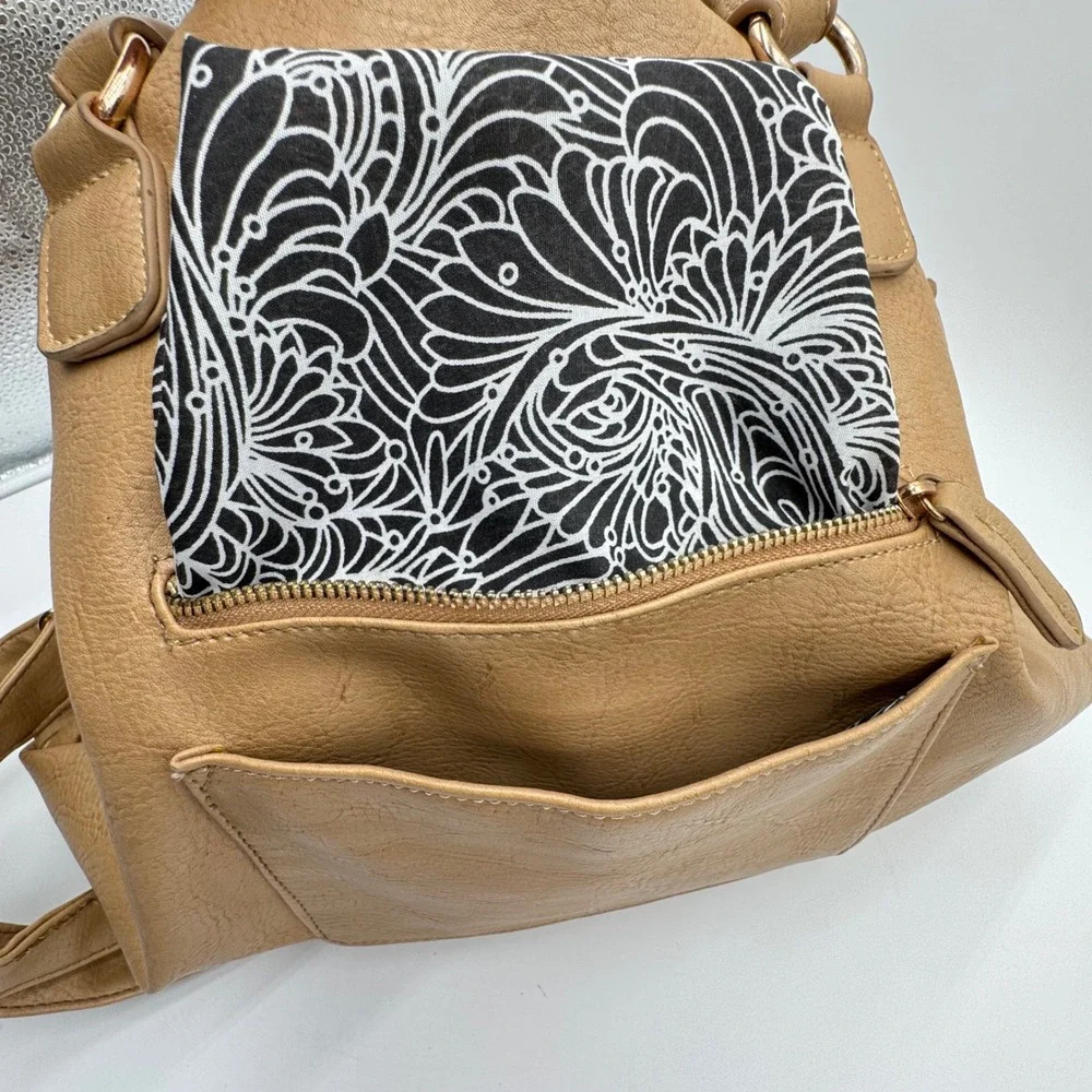 Womens Tan Satchel Bag Purse Cutout Detail Chain‎ Charm Optional Strap Boho Chic